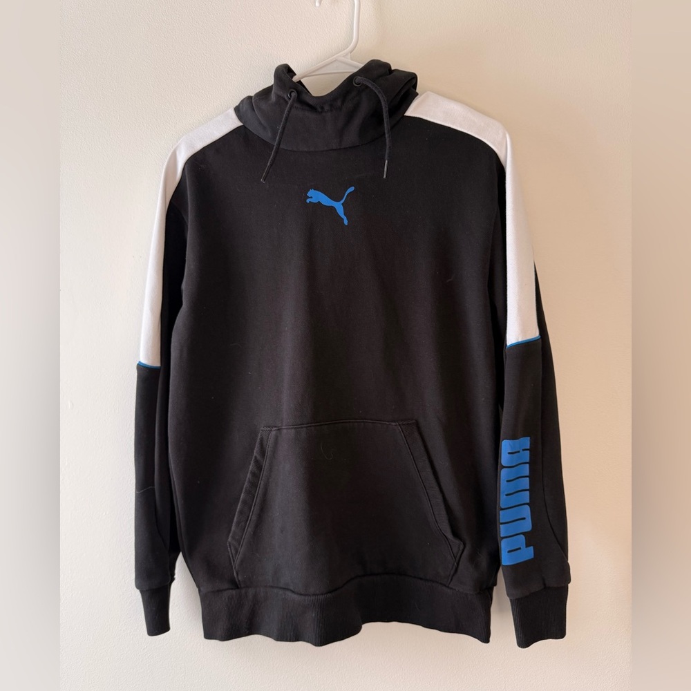 Puma Men's Black Hoodie with Blue and White Accents